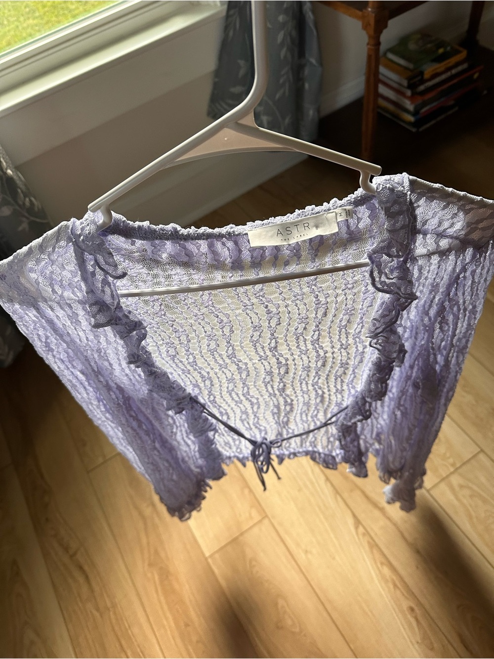 Astr Lavender Sheer Ruffle Tie-Front Lace Cardigan